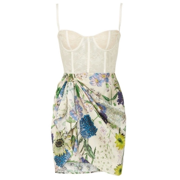 Katie May Dresses & Skirts - KATIE MAY Ivory Lace Bustier Floral Satin Faux Wrap Skirt Sleeveless Dress S